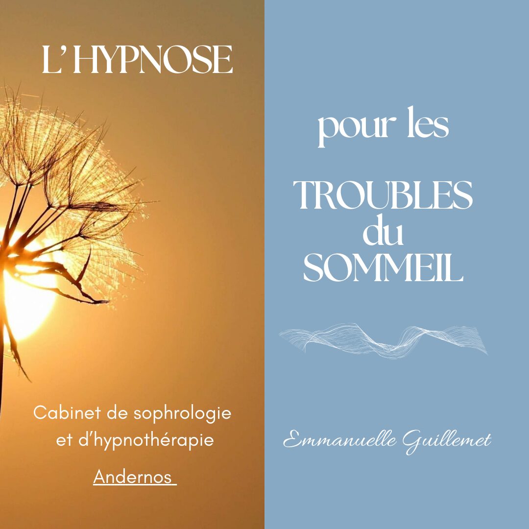 Hypnose et sommeil : visuel explicatif aux couleurs douces présentant l'hypnose pour les troubles du sommeil à Andernos-les-Bains."