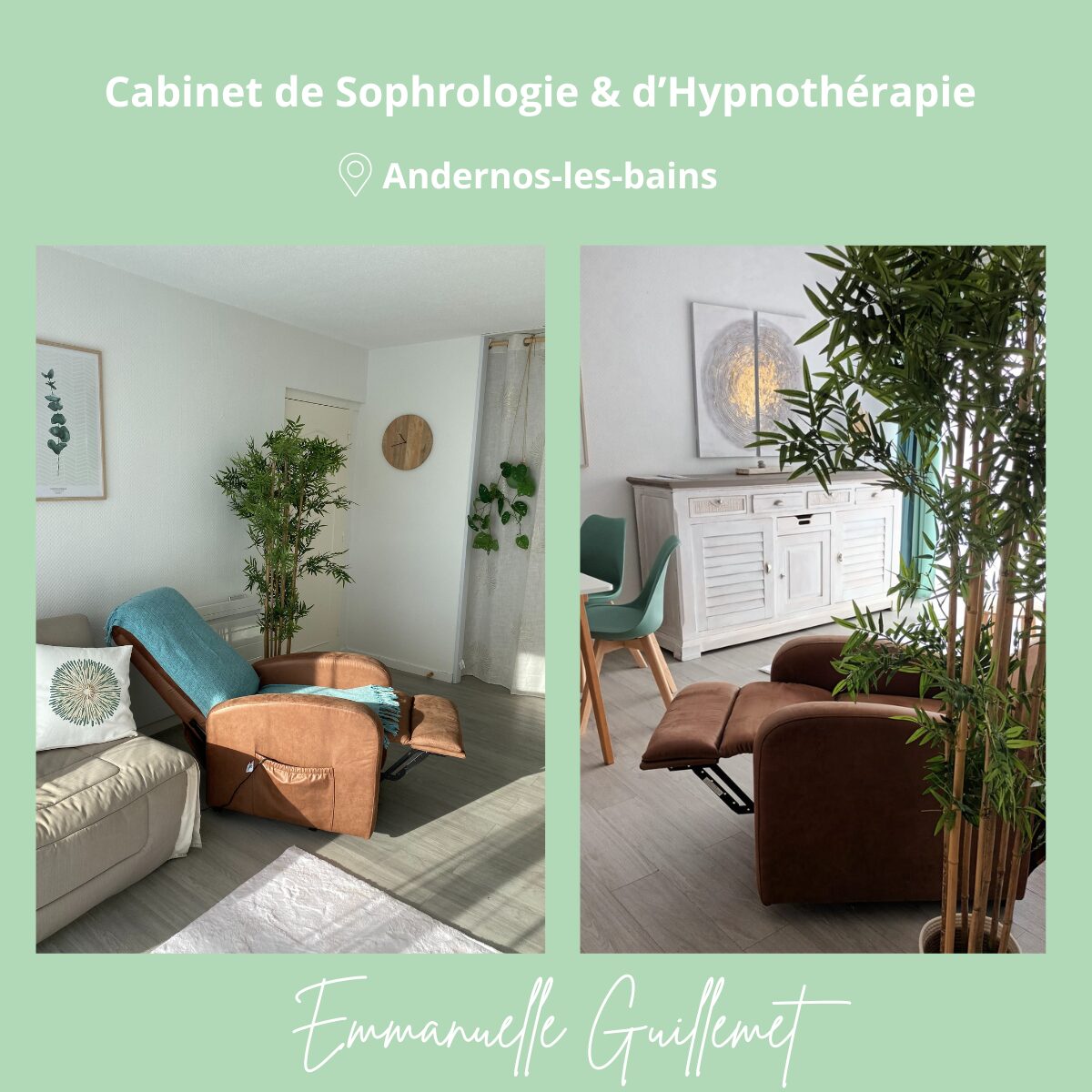 Cabinet de sophrologie et hypnothérapie à Andernos, décoré avec ambiance zen pour des séances de sophrologie et d'hypnose à Andernos- contact et tarif