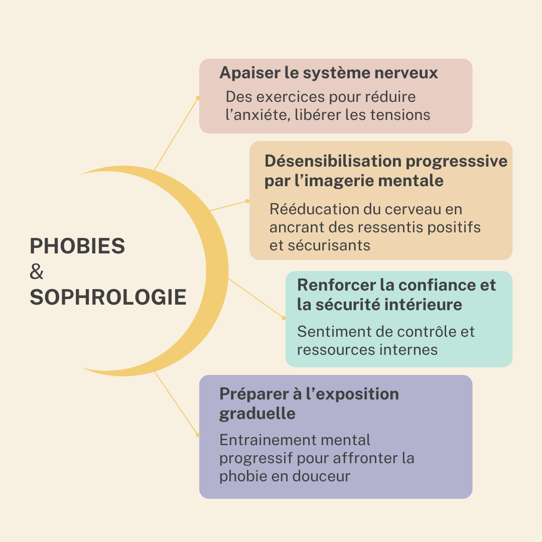 Plan récapitulatif doux en couleurs pastel sur la sophrologie pour les phobies, méthode de régulation des peurs irrationnelles à Andernos-les-Bains